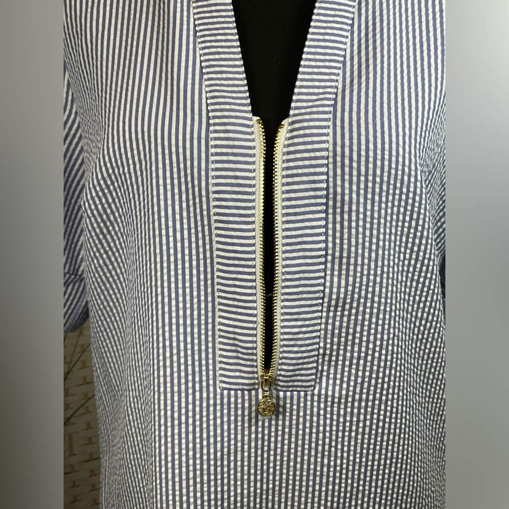 EUC Anne Klein SeerSucker Shirtdress w/Cuff Sleeves & Zipper Front- Sz 8 - Picture 3 of 7